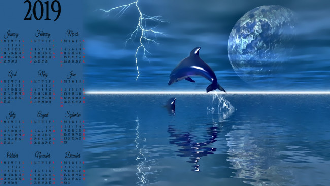 Обои картинки фото календари, 3д-графика, водоем, планета, молния, дельфин