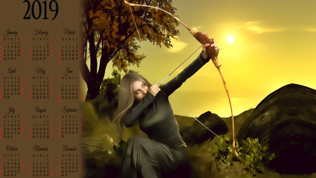 Обои картинки фото календари, фэнтези, растения, стрела, оружие, лук, дерево, девушка