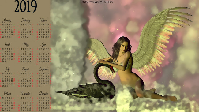 Обои картинки фото календари, фэнтези, птица, лебедь, крылья, девушка, 2019, calendar, черный