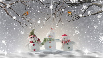 Картинка праздничные снеговики птицы снежинки