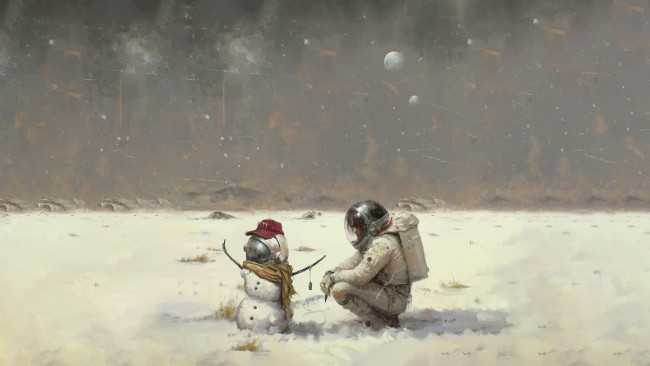 Обои картинки фото фэнтези, другое, снеговик, космонавт, снег