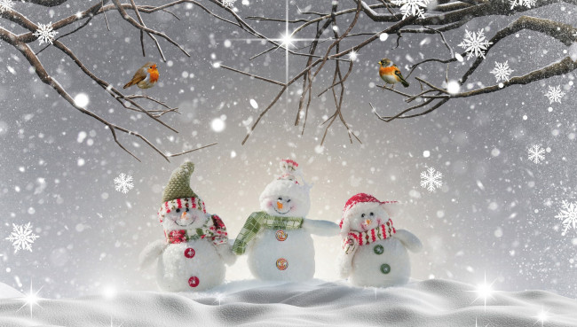 Обои картинки фото праздничные, снеговики, птицы, снежинки