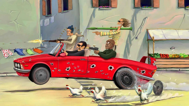 Обои картинки фото рисованное, люди, оружие, машина, улица, куры