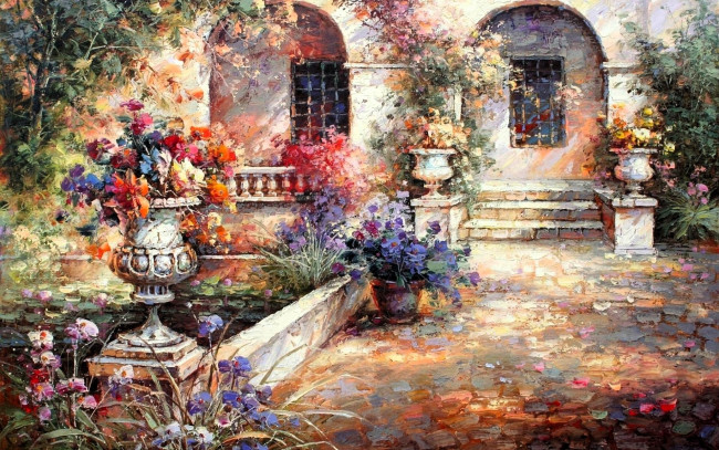 Обои картинки фото рисованное, живопись, особняк, сад, вазон, цветы