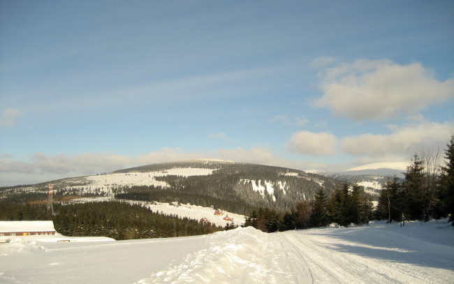 Обои картинки фото природа, зима, горы, снег, дорога, ели