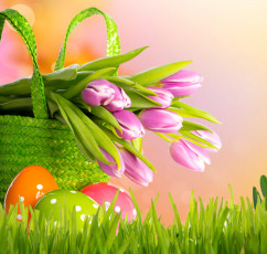 обоя праздничные, пасха, grass, eggs, basket, tulips, flowers, spring, easter