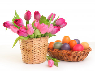 обоя праздничные, пасха, тюльпаны, яйца, цветы