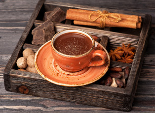 Картинка еда кофе +кофейные+зёрна напиток горячий шоколад чашка блюдце орехи корица анис пряности