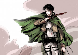 Картинка аниме shingeki+no+kyojin shingekino kyojin ветер солдат парень touya101 art клинки кровь жест спокойствие безразличие rivaille