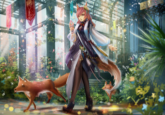 Картинка аниме -animals девушка лисы животные лепестки здание ушки растения