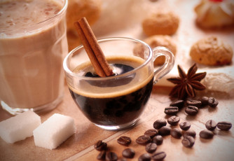 Картинка еда кофе +кофейные+зёрна палочки корица печенье анис бадьян зерна сахар стакан чашка десерт