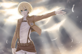 Картинка аниме shingeki+no+kyojin перья солдат ветер взгляд жест лучи