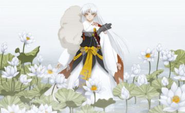 Картинка аниме inuyasha цветы парень лотосы