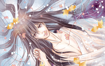 Картинка аниме *unknown+ другое вода длинные волосы цветы листья парень круги