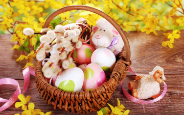 Картинка праздничные пасха корзина яйца расписные ветка верба игрушки овечки цветы желтые весна природа