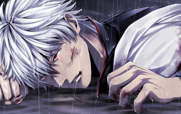 Картинка аниме gintama кровь порез дождь парень sakata gintoki