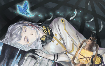 Картинка аниме last+exile белые волосы фонарь ночь бабочка лежит очки улыбка парень