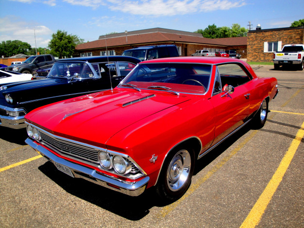 Обои картинки фото chevrolet chevelle malibu 1966, автомобили, выставки и уличные фото, chevrolet, chevelle, malibu, 1966, red, front, 2dr, красный, парковка