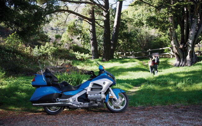 Обои картинки фото honda goldwing 2012, мотоциклы, honda, хонда, золотокрылая, синяя, природа, туристы