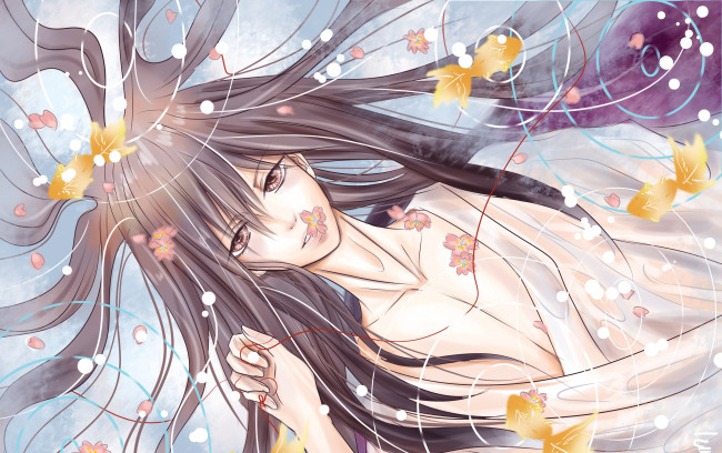 Обои картинки фото аниме, *unknown , другое, вода, длинные, волосы, цветы, листья, парень, круги