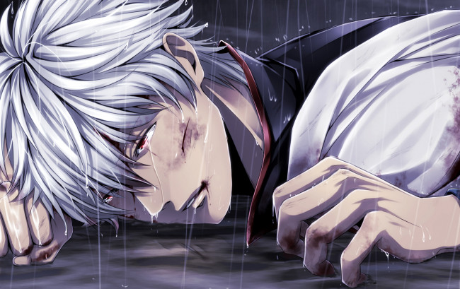 Обои картинки фото аниме, gintama, кровь, порез, дождь, парень, sakata, gintoki