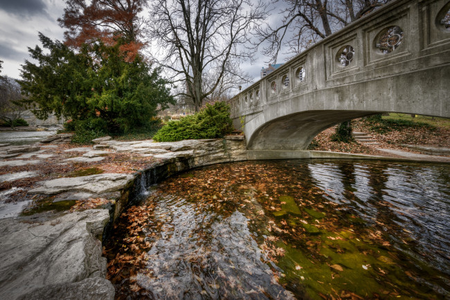 Обои картинки фото природа, парк, мост, река, осень, листва