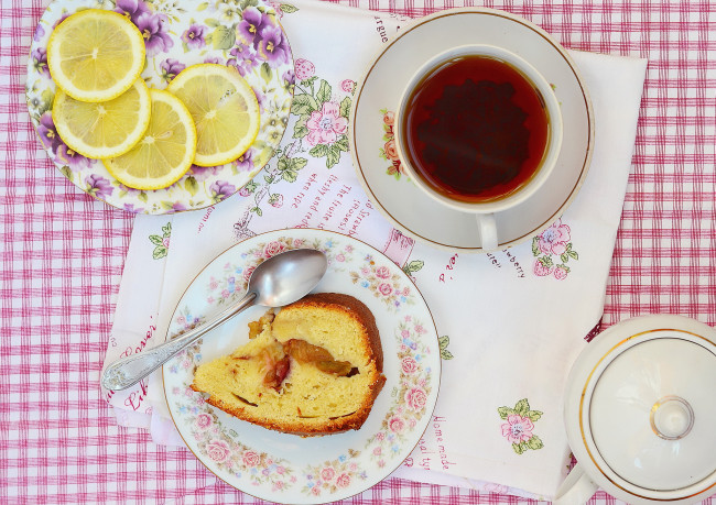 Обои картинки фото еда, напитки,  Чай, лимон, пирог, завтрак, чай