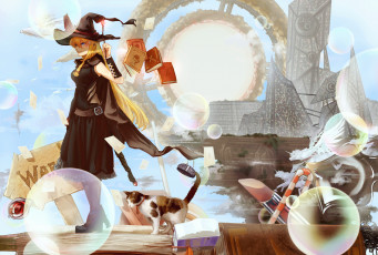 Картинка аниме магия +колдовство +halloween девушка животное арт forte пузыри книги кошка шляпа