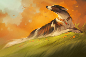 Картинка gaudibuendia рисованное животные +собаки борзая собака арт лес ошейник