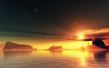 Картинка 3д+графика атмосфера настроение+ atmosphere+ +mood+ вода вершины солнце облака планеты