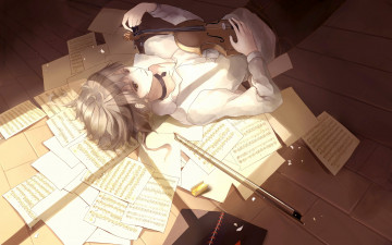Картинка аниме музыка тетрадь ноты листы скрипка парень