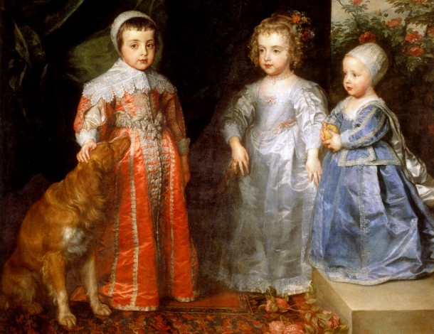 Обои картинки фото antoine van dyck - les trois enfants aines de charles ier  huile sur toile, рисованное, antoine van dyck, наряды, дети, собака