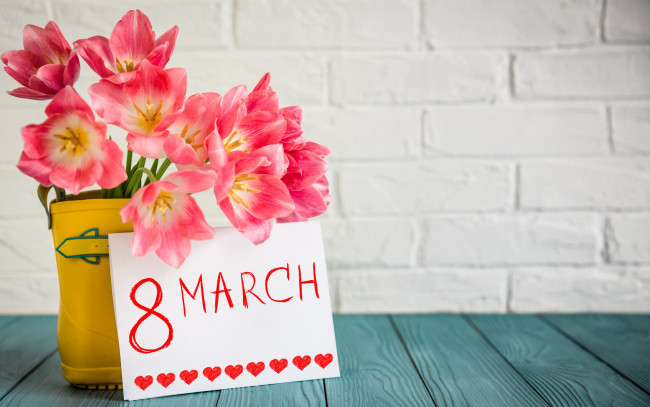 Обои картинки фото праздничные, международный женский день - 8 марта, праздник, весны, тюльпаны, открытка, 8, марта, букет