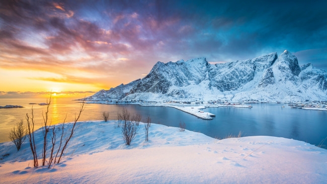 Обои картинки фото города, - пейзажи, закат, lofoten, islands, норвегия, озеро, stefano, termanini, norway, зима, горы