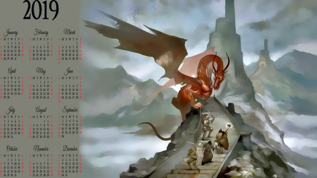 Обои картинки фото календари, фэнтези, люди, ступени, дракон