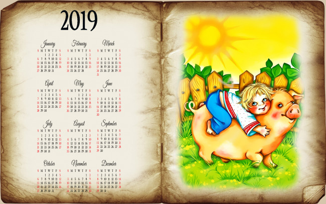 Обои картинки фото календари, рисованные,  векторная графика, книга, солнце, мальчик, поросенок, свинья, забор, ребенок
