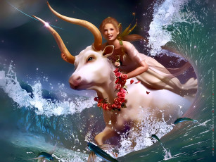 Картинка календари фэнтези волна рыба девушка женщина животное рога бык calendar 2020
