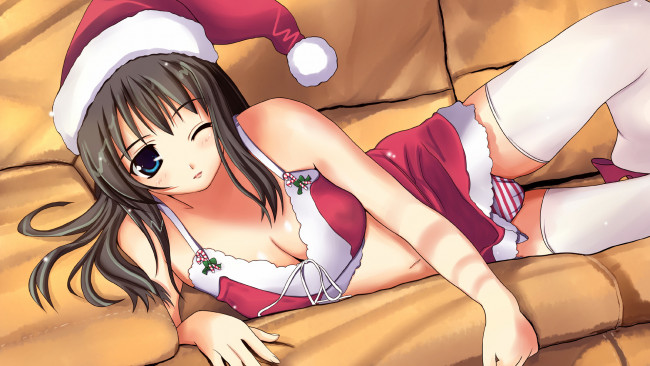 Обои картинки фото аниме, зима,  новый год,  рождество, девушка, шапка, костюм, постель