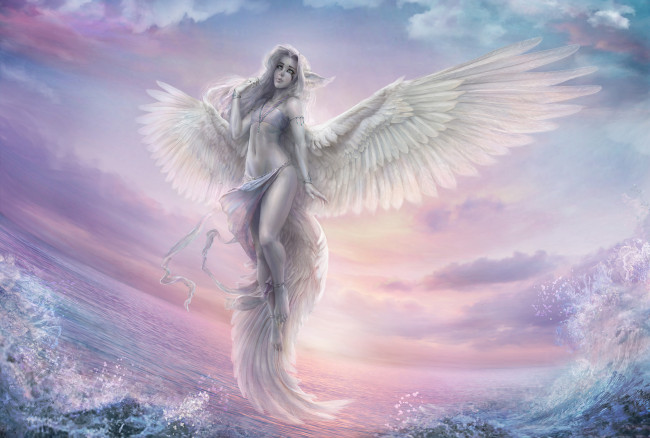 Обои картинки фото фэнтези, ангелы, девушка, фон, полет, крылья, волна