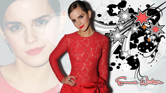 Обои картинки фото Emma Watson, девушки, ухмылка, красное, платье, кольцо, векторные, звезды