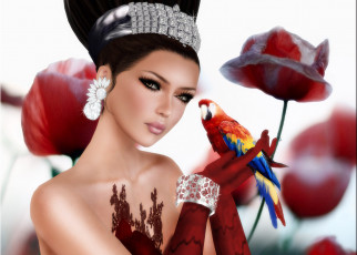 Картинка 3д графика portraits портрет цветы попугай диадема