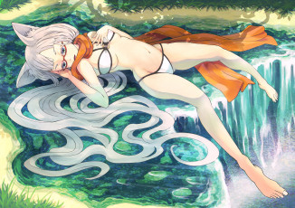 Картинка аниме животные +существа лежит девушка minusion водопад арт