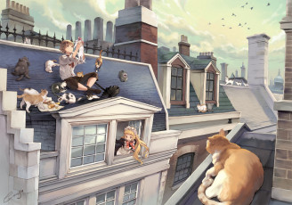 Картинка аниме город +улицы +здания еда кошки коты крыша teamon арт comet мальчик сыр хлеб