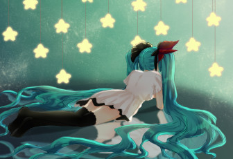 Картинка аниме vocaloid арт hatsune miku волосы девушка звёздочки платье