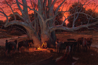 Картинка рисованное живопись sycamore canyon ковбой вечер лошади платан duane bryers костер дерево картина привал