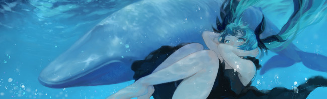 Обои картинки фото аниме, vocaloid, кит, море, арт, вокалоид, девушка, hatsune, miku