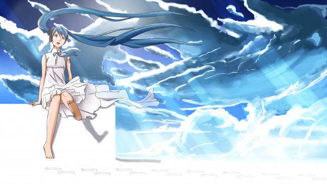 Обои картинки фото аниме, vocaloid, волосы, hatsune, miku, iwanishi, девушка, арт, лучи, небо, облака