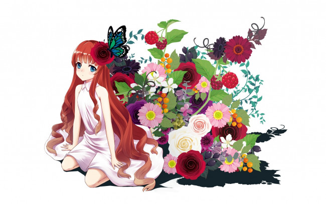 Обои картинки фото аниме, unknown,  другое, lakuhito, цветы, девушка, арт