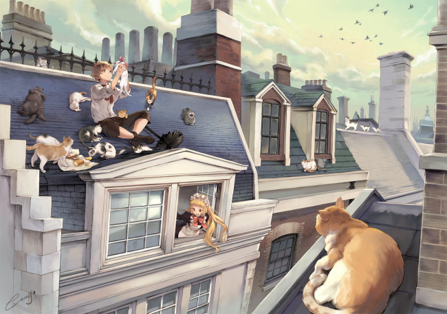 Обои картинки фото аниме, город,  улицы,  здания, еда, кошки, коты, крыша, teamon, арт, comet, мальчик, сыр, хлеб