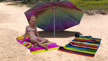 Картинка 3д+графика люди+ people девушка взгляд фон зонтик пляж